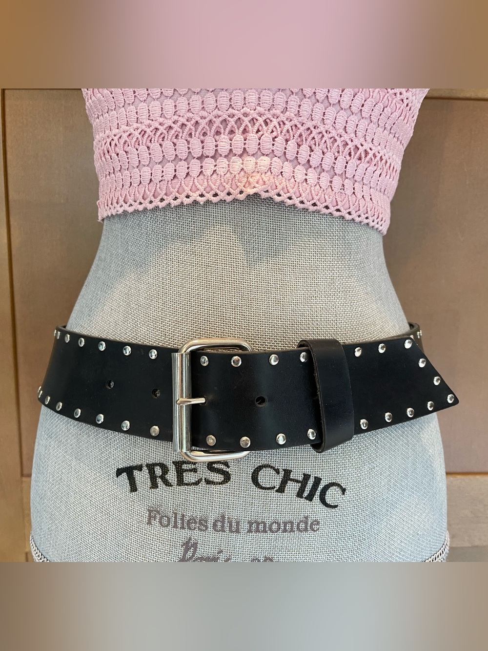 Mil-Idee Black Studded Contoured Leather Belt w Silver Buckle Made in CANADA! S